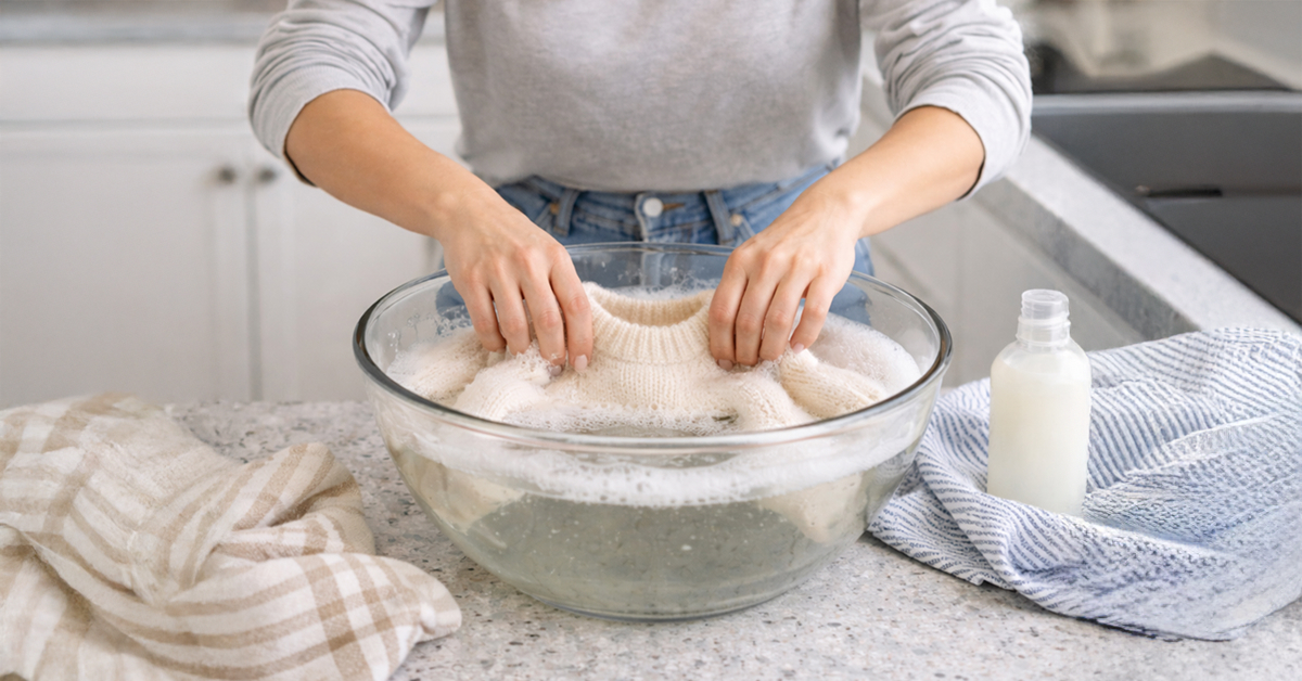 <img src="skurczona-welna.jpg"alt="pranie wełnianego swetra w misce z wodą">